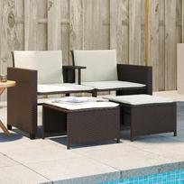 „Rantry“ sodo sofa dviems su staliuku ir taburetėmis – ruda poli-rotango sodo sofa, sofa-lova, svetainės sofa, sofos lauko svetainei, terasai ir lauke