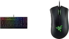 „Razer BlackWidow V3 Tenkeyless“ (žali jungikliai) – QWERTY išdėstymas ir „DeathAdder Essential“ (2021) – pagrindinė žaidimų pelė su 6 400 DPI optiniu jutikliu, juodos spalvos