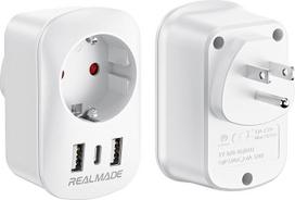 „RealMade“ 2 vnt. kelioninis adapteris (JAV), Amerikos ir Vokietijos kištukai su 2 USB ir 1 USB-C lizdais, kelioninis adapteris Tailandui, tarptautinis adapteris Kanadai, Dominikos Respublikai, Meksikai, Australijai