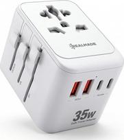 „Realmade“ 35 W universalus kelioninis adapteris su „PD“ greituoju įkrovimu, 5 jungtys (1 maitinimo jungtis / 2 USB-A / 2 USB-C), kelioninis kištuko adapteris, tipai C/G/I/A, baltas