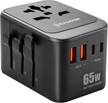 „Realmade“ 65 W universalus kelioninis adapteris su „PD“ greituoju įkrovimu, 5 jungtys (1 maitinimo jungtis / 2 USB-A / 2 USB-C), kelioninis kištuko adapteris, tipai C/G/I/A, juodos/pilkos spalvos