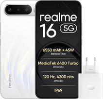 „realme 16 5G“ išmanusis telefonas, 8 + 256GB, 6550 mAh titano baterija, 45 W greitasis įkrovimas, 50 MP „Sony“ dviguba kamera, 4200 nitų AMOLED ekranas, IP69 atsparumas vandeniui, 183 g ultralengvas, „AI Portrait Master“, baltos spalvos