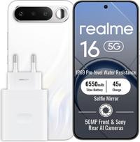 „realme 16 5G“ išmanusis telefonas, 8+256GB, baltas | 6550 mAh baterija, 45 W ypač greitas įkrovimas, 6,57 colio AMOLED ekranas, 120 Hz, 50 MP AI kamera, „Dimensity 6400 Turbo“, IP69