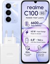 „realme C100 5G“ išmanusis telefonas, 4 + 256GB, ekranas 6,8 colio, 144 Hz, 6600 mAh baterija ir 45 W įkrovimas, „Android 16“, 50 MP kamera, IP64, NFC, violetinė spalva, ES versija