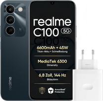 „realme C100 5G“ išmanusis telefonas, 4+256GB, 144 Hz LCD ekranas, 6600 mAh baterija, 45 W greitasis įkrovimas, 50 MP AI kamera, „AI Boost“, karinio lygio atsparumas smūgiams, IP64, žalia spalva