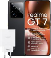 „realme GT7 5G“ išmanusis telefonas, 256GB, 12GB RAM, „Dimensity 9400e“, 7000 mAh baterija, 120 W greitasis įkrovimas, 6000 nitų AMOLED ekranas, 144 Hz LTPO, IP69, žaidimų telefonas, dvi SIM kortelės, juodos spalvos