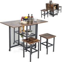 „RELAX4LIFE“ valgomojo stalas su 2 kėdėmis, sulankstomas virtuvės stalo komplektas su lentynomis, metalinis baro stalas su ratukais, valgomojo komplektas dviems asmenims, „Vintage Brown“ spalvos