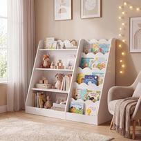 „RELAX4LIFE“ „Montessori“ stiliaus medinė vaikų knygų spinta, žaislų lentynėlė su 4 atvirais skyreliais, 5 lentynomis ir paslėptu daiktų laikymo skyriumi, daiktų laikymo lentynėlė vaikų kambariui ir žaidimų kambariui (balta)