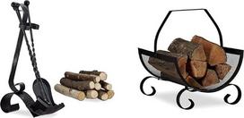 „Relaxdays“ ketaus, „Black Antique Fireplace Company“ 4 dalių židinio rinkinys ir malkų krepšys, juodas, didelis malkų krepšys, židinys su medžio laikikliu, metalinis malkų krepšys, aukštis x plotis x gylis 40 x 33 x 38 cm, juodas