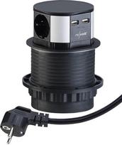 „revolt“ Įmontuota stalo rozetė: ištraukiama įmontuota stalo rozetė, 3 lizdai, 2 USB jungtys, skersmuo 100 mm, juoda (ištraukiama stalo rozetė, ištraukiamas USB šakotuvas, dangtelis)