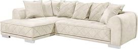 „Riess Ambiente Decadencia Modern XXL“ kampinė sofa, 320 cm, smėlio spalvos, aksominė, didelė sofa su pagalvėlėmis, montuojama kairėje arba dešinėje pusėje | 8 pagalvėlės, pufas montuojamas kairėje arba dešinėje pusėje, „Nosag“ spyruoklės, apvali apdaila,
