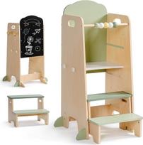 „ROBUD“ 2-in-1 „Montessori“ mokymosi bokštelis vaikams su lentele ir kabliukais, reguliuojamo aukščio, nuimamas pakopinis suoliukas, medinis pagalbinis virtuvės prietaisas, skirtas vaikams nuo 2 metų