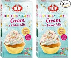 „RUF“ gimtadienio tortų kremas, kremo milteliai, skirti gimtadienio tortų kremo gamybai, su vanilės ir karamelės skonio priedais bei spalvingu dekoravimo mišiniu, 1 x 110 g (2 vnt. pakuotė)