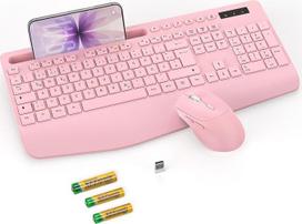 „SABLUTE“ belaidis klaviatūros ir pelės rinkinys su ergonomišku riešo atramu, rožinis