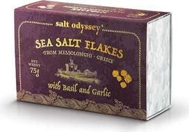 „Salt Odyssey“ jūros druskos dribsniai su bazilikais ir česnakais, 2 x 75 g – aromatinė druska, skirta makaronams, bruschettai ir Viduržemio jūros regiono patiekalams