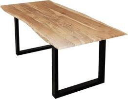 „Sammy Natural“ valgomojo stalas, 220 x 100 cm, „Wane“ stalas, iš akacijos masyvo pagamintas stalas, 26 mm storio lakuotas stalviršis, tvirtas ir lengvai valomas, unikalus, juodos spalvos metalinis U formos rėmas | „Baumkante“, „Naturkante“, akacijos masy