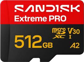„SANDISK Extreme PRO“ microSDXC 512GB UHS-I kortelė + SD adapteris (skaitymo greitis iki 250MB/s, rašymo greitis iki 170MB/s, 5K, 3K, 4K UHD, C10, V30, U3, A2)