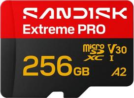 „SANDISK Extreme PRO“ microSDXC 256GB UHS-I kortelė + SD adapteris (skaitymo greitis iki 250MB/s, rašymo greitis iki 170MB/s, 5K, 3K, 4K UHD, C10, V30, U3, A2)