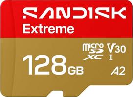 „SANDISK Extreme“ microSDXC 128GB UHS-I kortelė + SD adapteris (skaitymo greitis iki 245MB/s, rašymo greitis iki 120MB/s, 5K vaizdo įrašai, C10, V30, U3, A2) – veiksmo kameros, dronai, „Android“ įrenginiai