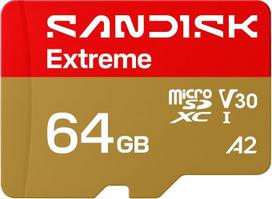 „SANDISK Extreme“ microSDXC 64GB UHS-I kortelė + SD adapteris (skaitymo greitis iki 170MB/s, rašymo greitis iki 80MB/s, 5K vaizdo įrašai, C10, V30, U3, A2) – veiksmo kameros, dronai, „Android“ įrenginiai