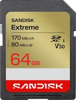 „SANDISK Extreme“ SD UHS-I kortelė, 64GB (skaitymo greitis iki 170MB/s, rašymo greitis iki 80MB/s, 4K UHD vaizdo įrašai, U3, V30) „SANDISK Memory Zone“ programa