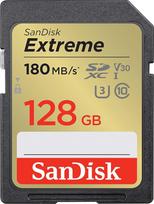 „SanDisk Extreme“ SDXC UHS-I atminties kortelė, 128GB (V30, duomenų perdavimo greitis 180MB/s, U3, 4K UHD vaizdo įrašai, „SanDisk QuickFlow“ technologija, atspari vandeniui, smūgiams ir temperatūros svyravimams)
