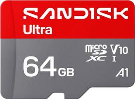 „SANDISK Ultra“ microSDXC 64GB UHS-I kortelė + SD adapteris (skaitymo greitis iki 145MB/s, „Full HD“ vaizdo įrašai, V10, U1, C10, A1) – kortelė, skirta „Android“ išmaniesiems telefonams ar planšetiniams kompiuteriams, fotoaparatams ir nešiojamiesiems ko