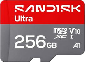 „SANDISK Ultra“ microSDXC 256GB UHS-I kortelė + SD adapteris (skaitymo greitis iki 195MB/s, „Full HD“ vaizdo įrašai, V10, U1, C10, A1) – kortelė, skirta „Android“ išmaniesiems telefonams ar planšetiniams kompiuteriams, fotoaparatams ir nešiojamiesiems k