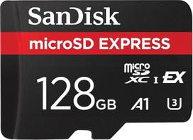 „SanDisk“ „microSD Express“ atminties kortelė, 128GB (idealiai tinka 4K UHD ir RAW vaizdų įrašymui, skaitymo greitis iki 880MB/s, rašymo greitis iki 480MB/s, „RescuePRO Deluxe“)