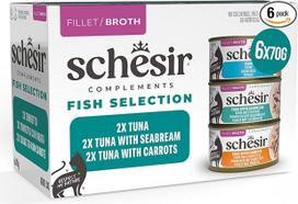 „Schesir“, įvairių skonių rinkinys, šlapias maistas katėms, sultinyje, su vitaminais, 100 % natūralūs filė gabaliukai, 6 porcijos po 70 g