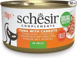 „Schesir“, tuno filė su morkomis želė, papildomas šlapias maistas katėms, „Original Recipe“, 100 % natūralus, 12 skardinių po 70 g