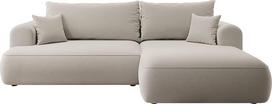 „Selsey Castel“ kampinė sofa-lova su daiktų laikymo vieta, miego funkcija, lengvai prižiūrima, su poliuretano putomis, L formos, dešinė pusė, „OVO“ šviesiai smėlio spalvos, velūro imitacija