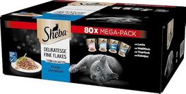 „Sheba Cat“ šlapias maistas „Delikatesse Fine Flakes“, 80 x 85 g „Mega Pack“ – šlapias maistas katėms, žuvies asortimentas želė su lašiša, baltąja žuvimi, tunu ir menke katėms