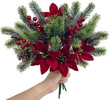„SHEPIN“ dirbtinės eglės šakos su poinsettija ir raudonomis uogomis, atrodančios kaip tikros; dirbtinės gėlės; Kalėdinės šakos; Kalėdinės gėlės; dirbtinis Kalėdų puokštė; Kalėdinė kompozicija; Kalėdinės šakos; dekoracija; 4 vnt. pakuotė