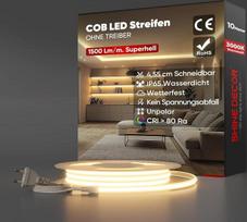 „Shine Decor“ COB LED juosta, 10 m, 220–230 V kintamosios srovės, IP65 atsparumo vandeniui LED juosta, SMD2025, 286 šviesos diodų/m, itin didelio ryškumo apšvietimo juosta, skirta virtuvės ir sodo LED apšvietimui (10 m, šilta balta spalva, sertifikuota pa