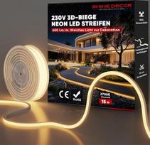 „Shine Decor“ 3D išlenkta neoninė LED juosta, 220–240 V kintamosios srovės lanksti neoninė LED juosta, IP65 atsparumo vandeniui neoninė šviesos juosta, pagaminta iš silikono medžiagos, turinti CE sertifikatą, skirta virtuvei ir svetainei (15 m, šilta balt