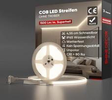 „Shine Decor“ COB LED juosta, 3 m, 220–230 V kintamosios srovės, IP65 atsparumas vandeniui, SMD2025, 286 šviesos diodų/m, itin didelio ryškumo LED juosta, skirta virtuvės ir sodo apšvietimui (3 metrai, neutraliai balta, sertifikuota pagal CE)