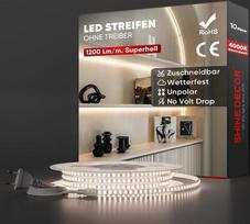 „Shine Decor“ LED juosta, 10 m, 220–230 V kintamosios srovės, IP65, vandeniui atspari LED juosta, SMD 2835, 120 šviesos diodų/m, itin didelio ryškumo šviesos juosta, skirta virtuvės ir sodo LED apšvietimui (10 m, neutraliai balta, sertifikuota pagal CE)