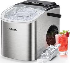 „Silonn“ ledo kubelių gaminimo aparatas, mažas, su nešimo rankena, 9 ledo kubeliai per vos 6 minutes, 12 kg ledo per 24 valandas, savaiminio valymo funkcija, kompaktiškas, su 2 ledo kubelių dydžiais, idealiai tinka virtuvėje, biure, vakarėliuose, sidabrin