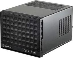 „Silverstone Sugo Mini-ITX SST-SG13B-C“ kompaktiškas kubo formos korpusas, tinklinis priekinis skydelis, USB Type-C jungtis priekinėje dalyje, juodos spalvos