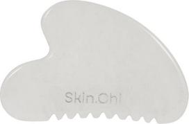 „Skin Chi“ – „Gua Sha“ šukų formos įrankis – pagamintas iš 100 % natūralaus balto nefrito akmens – veido masažo įrankis su šukų formos kraštu, skirtas gilesnei mikrocirkuliacijai skatinti – komplekte yra aksominis maišelis ir naudojimo instrukcija – odos