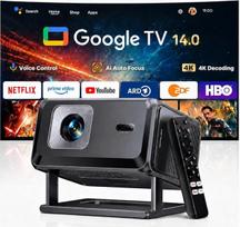 „Smart Beamer“ [„Google TV“ ir „Dolby Audio“] 1080P FHD nešiojamasis projektorius | Palaiko 4K, automatinis fokusavimas ir trapecijos korekcija, „Wi-Fi 6“, „BT 5.3“, projektorius su pasukamu stovu, skirtas namų kinui, naudojimui lauke ir sujungimui su mob