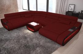 „Sofa Dreams XXL Concept“ svetainės komplektas su LED apšvietimu, pufu, mikropluošto apmušalu, pasirenkama išdėstymo kryptimi (pufas dešinėje, juodos ir tamsiai raudonos spalvos)