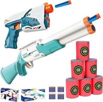 „Softdart Blaster“ rinkinys vaikams – žaislinis pistoletas ir pompinis šautuvas su putplasčio strėlėmis ir taikiniams – rankiniai „Softgun“ žaisliniai ginklai su apsauginiu skydeliu – šaudymo žaidimas lauke ir patalpose