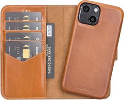„Solo Pelle“ odinis dėklas, suderinamas su „iPhone 13 Mini“ (5,4 colio), nuimamas dėklas („2-in-1“) su kortelių skyreliais, skirtas originaliam „Apple iPhone 13 Mini“ (visiškai odinis, konjako rudos spalvos)