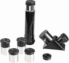 „Solomark 0.965“ teleskopo priedų rinkinys – komplekte yra keturi okuliarai (4 mm, 6 mm, 12,5 mm, 20 mm), vienas kampinis veidrodis ir 3 kartų didinantis Barlow lęšis