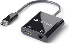 „Sonero“ UA200 USB Type-C į 3,5 mm garso ir CF (PD) keitiklis, juodos spalvos, JP-USB313 | Skirtas 3,5 mm ausinių arba garsiakalbių prijungimui prie USB-C mobiliųjų įrenginių, tuo pačiu metu įkraunant per USB-C.