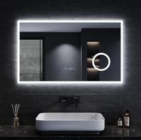 „Sonni“ LED vonios veidrodis, 100 x 60 cm, vonios veidrodis su apšvietimu, 3 reguliuojamos šviesos spalvos, šviečiantis veidrodis, sieninis veidrodis su jutikliniu jungikliu, laikrodžiu, temperatūros rodikliu, 3 kartų didinimu | 3 šviesos spalvos, jutikli