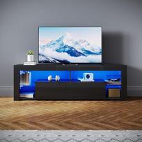 „SONNI“ žema spintelė su LED apšvietimu (16 spalvų), 160 x 35 x 50,5 cm, stiklinės lentynos, blizgi juoda
