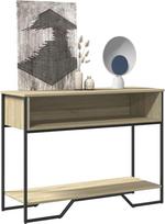 „Sonoma“ ąžuolo medžio plaušo plokštės konsolinis stalas, 100x35x74,5 cm, su metalinėmis rankenėlėmis, daiktų laikymo erdvė po stalviršiu, skirtas prieškambariui, biurui, svetainei ar miegamojo kampeliui